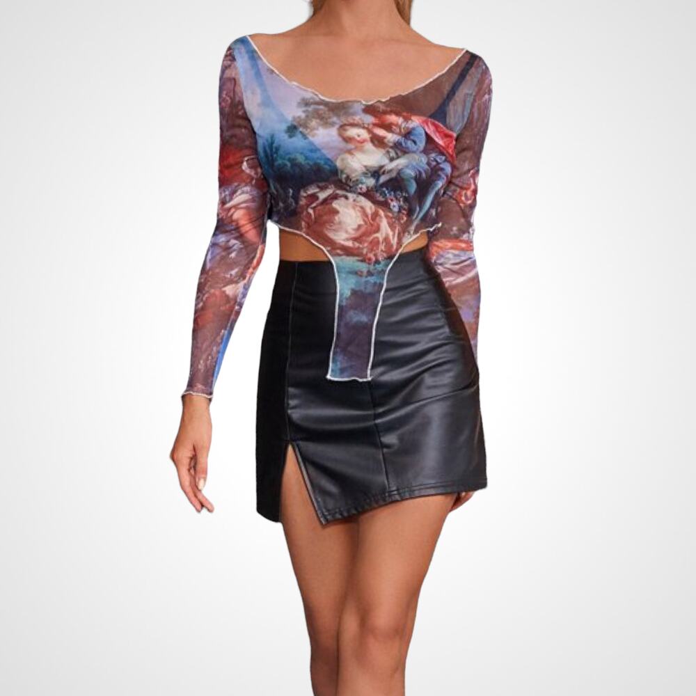 Shein Abstract Renaissance Off Shoulder Long Sleeve Mesh Top Funky Sexy Small